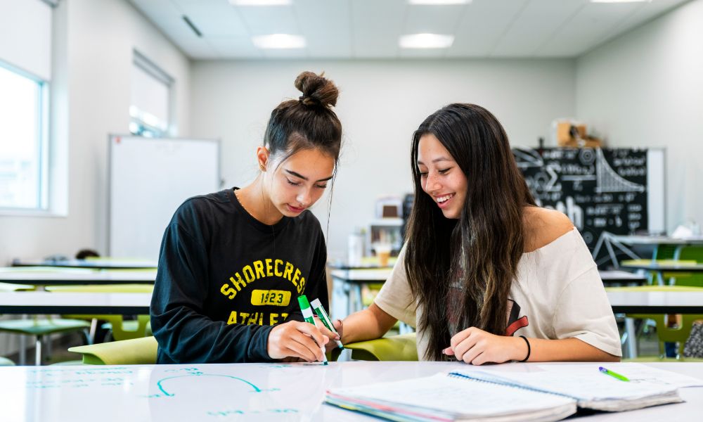 Upper school students learning in an academic class at Shorecrest.