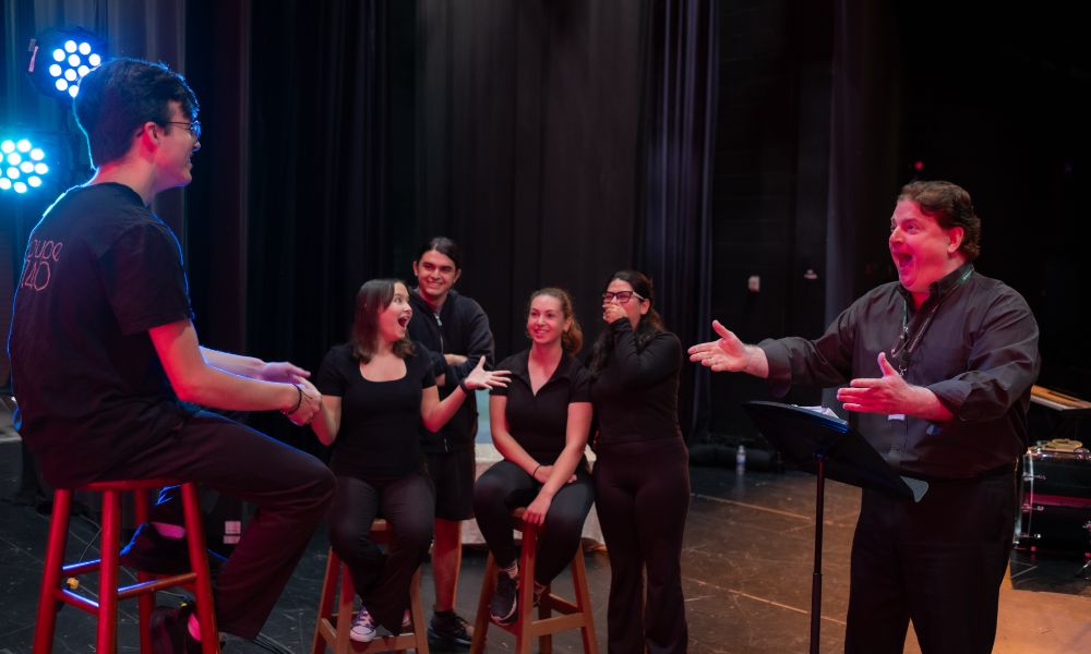 Faculty and upper school students in a performing arts class at Shorecrest.